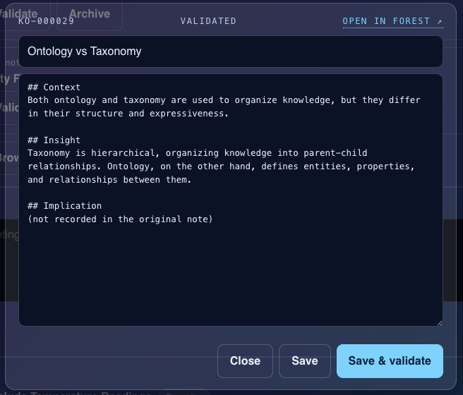 The gate console's editor open on KO-000029, Ontology vs Taxonomy, showing its validated status and the Save & validate action