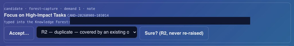 A candidate card titled Focus on High-Impact Tasks with reason R2 selected and a confirmation button reading Sure? (R2, never re-raised)